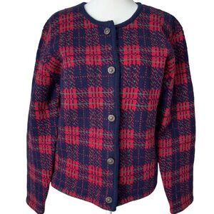 Vintage 100% Shetland Wool Hand Embroidered Cardigan Sweater Large Plaid 90s Red